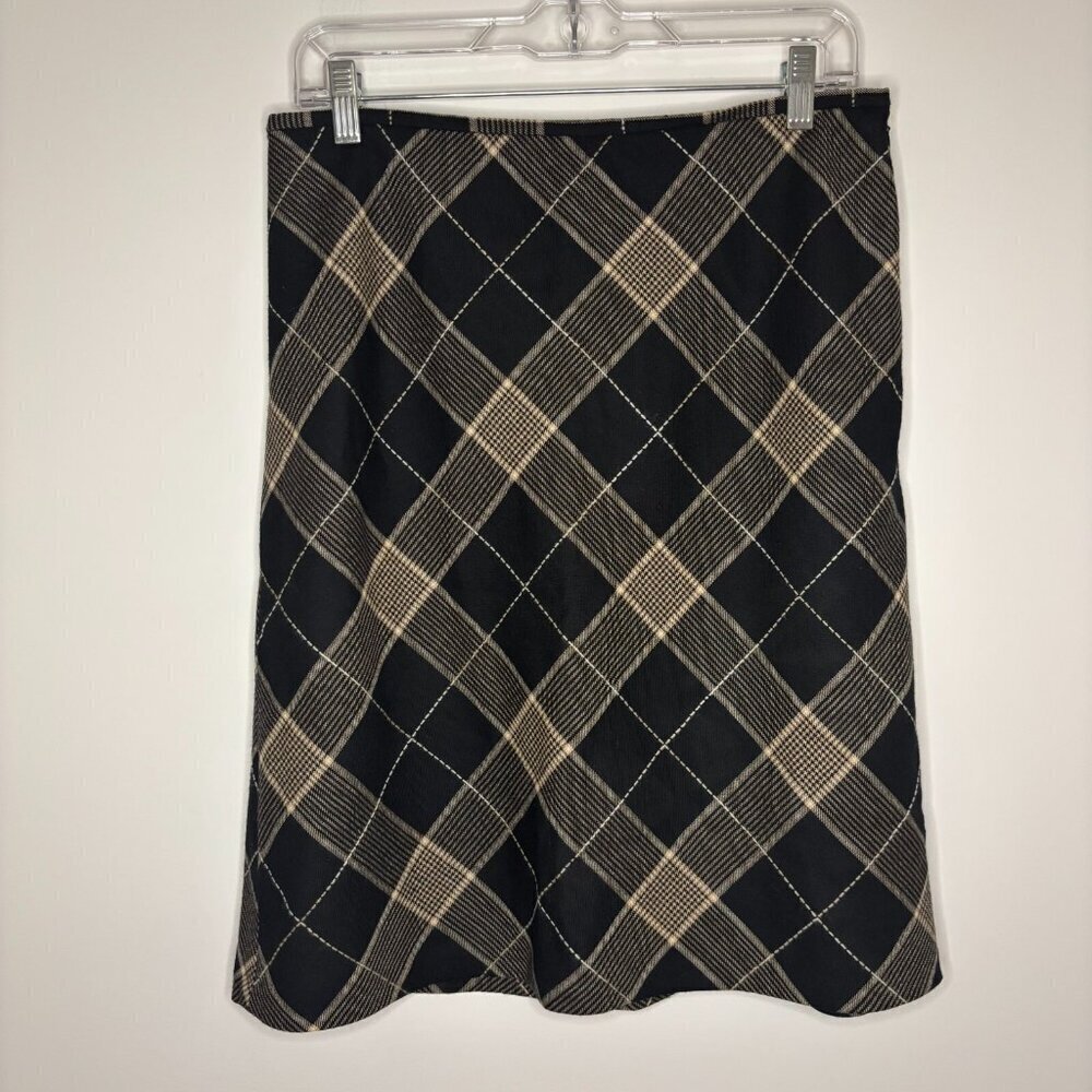 ANN TAYLOR LOFT Wool Skirt Womens 8 Black Tan Argyle Lined